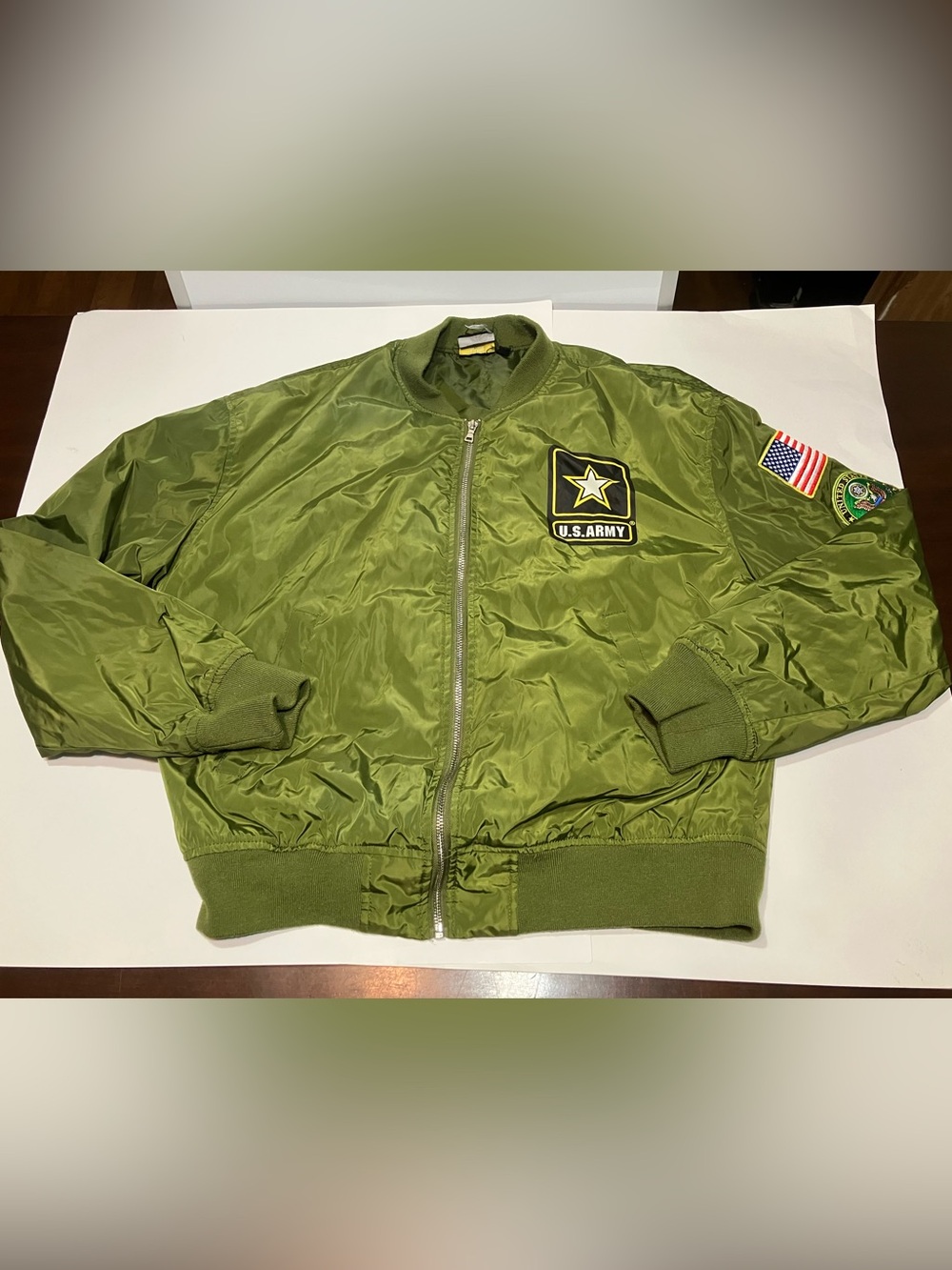 US Army Jacket Mens Medium Green Bomber Military Coat United States Flag Patch